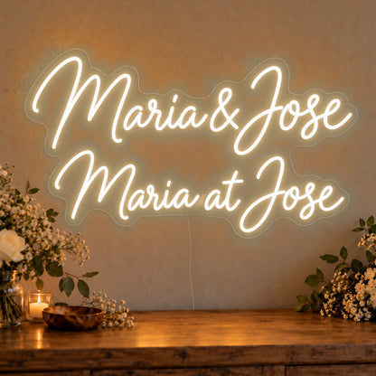 Personalised Bilingual Filipino Names Neon Sign in warm white LED neon on clear acrylic, angled view