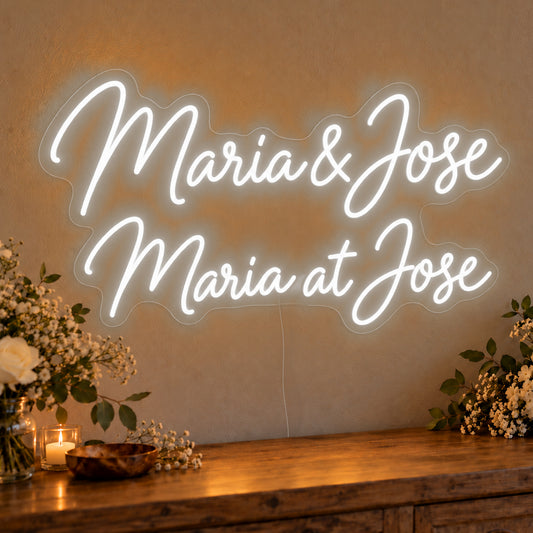 Personalised Bilingual Filipino Names Neon Sign in white LED neon on clear acrylic, angled view