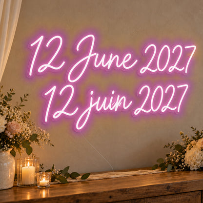 Personalised Bilingual Wedding Date Neon Sign in pink LED neon on clear acrylic, angled view