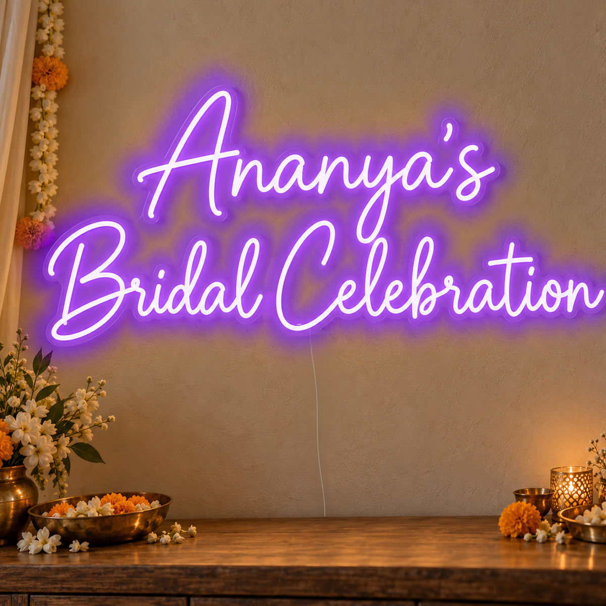 Personalised Bridal Celebration Neon Sign in purple LED neon on clear acrylic, angled view