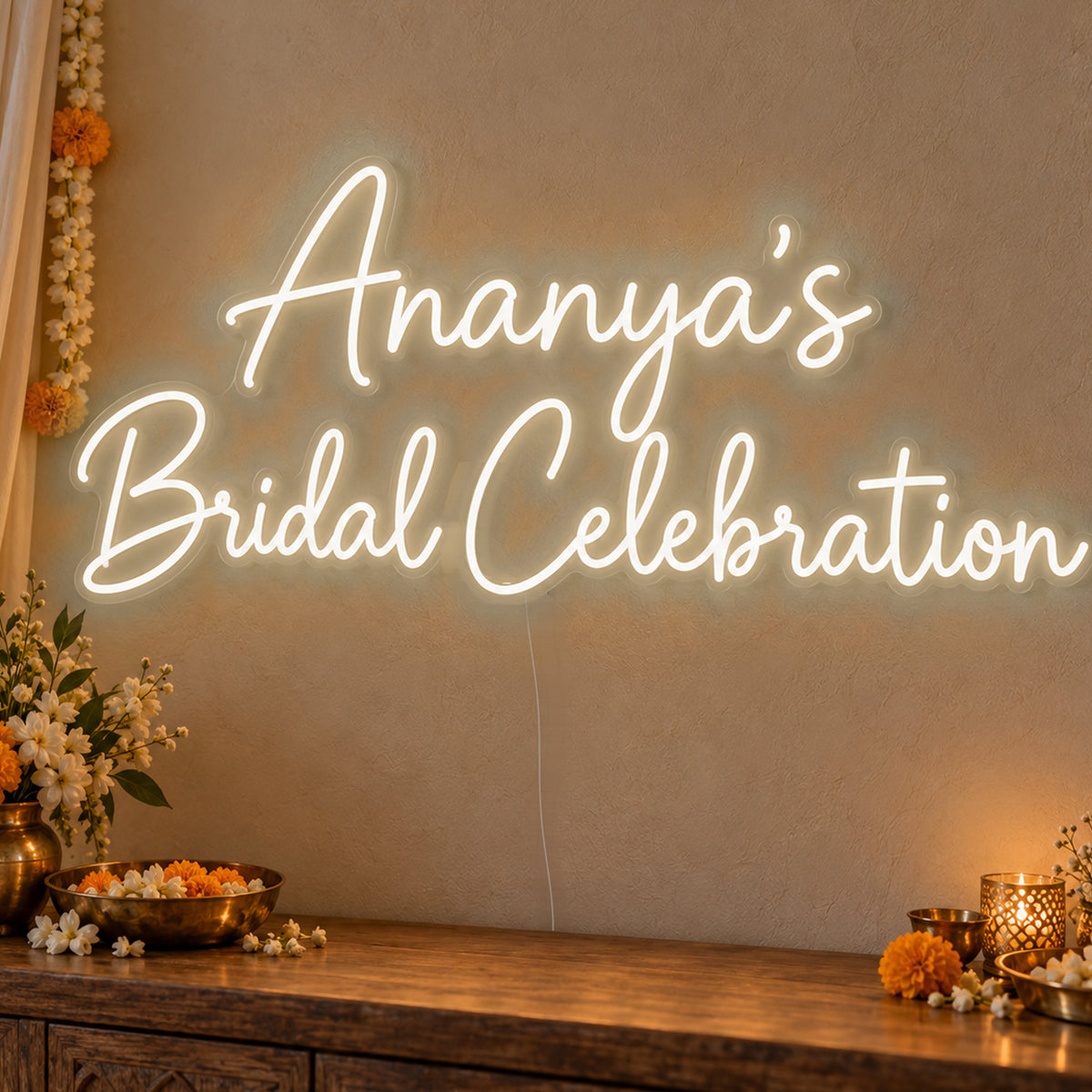 Personalised Bridal Celebration Neon Sign in warm white LED neon on clear acrylic, angled view
