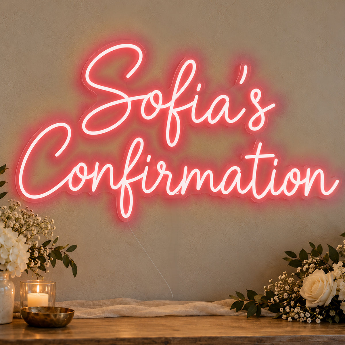Personalised Confirmation Neon Sign in red LED neon on clear acrylic, angled view