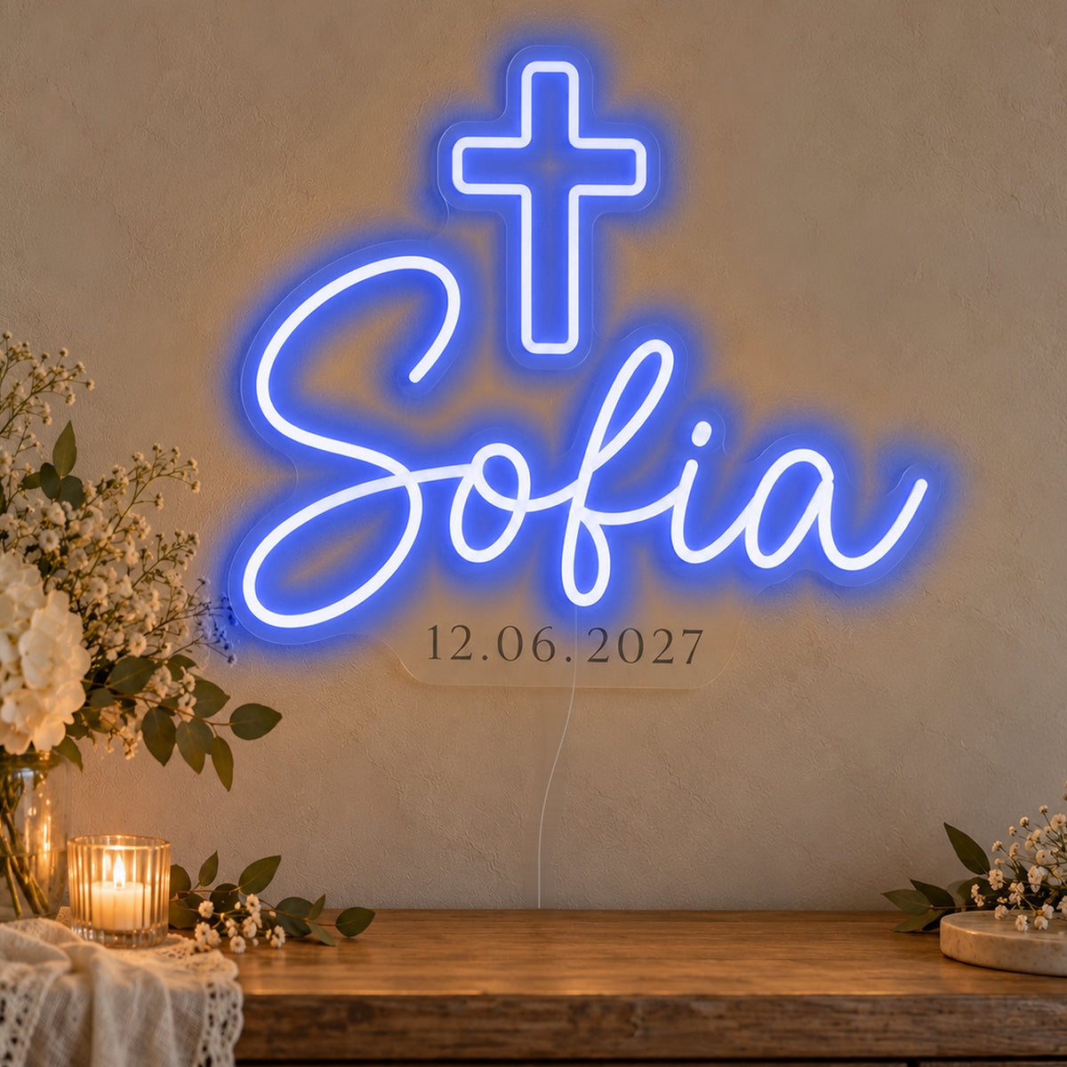 Personalised Cross Name Date Neon Sign in blue LED neon on clear acrylic, angled view