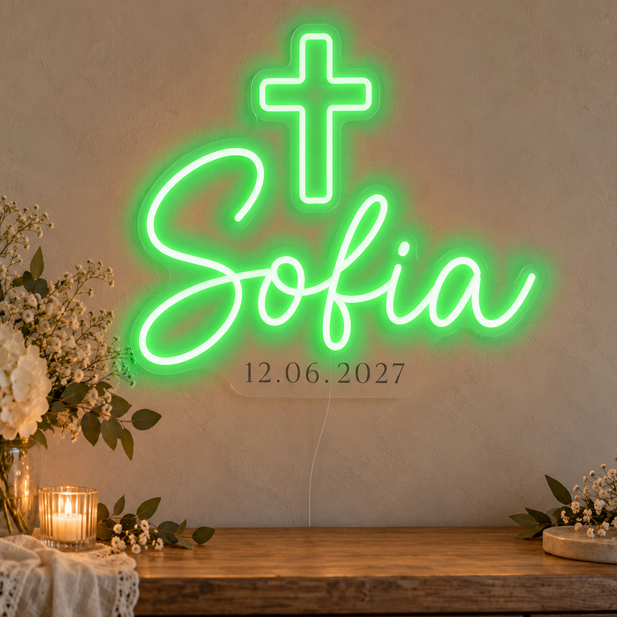 Personalised Cross Name Date Neon Sign in green LED neon on clear acrylic, angled view