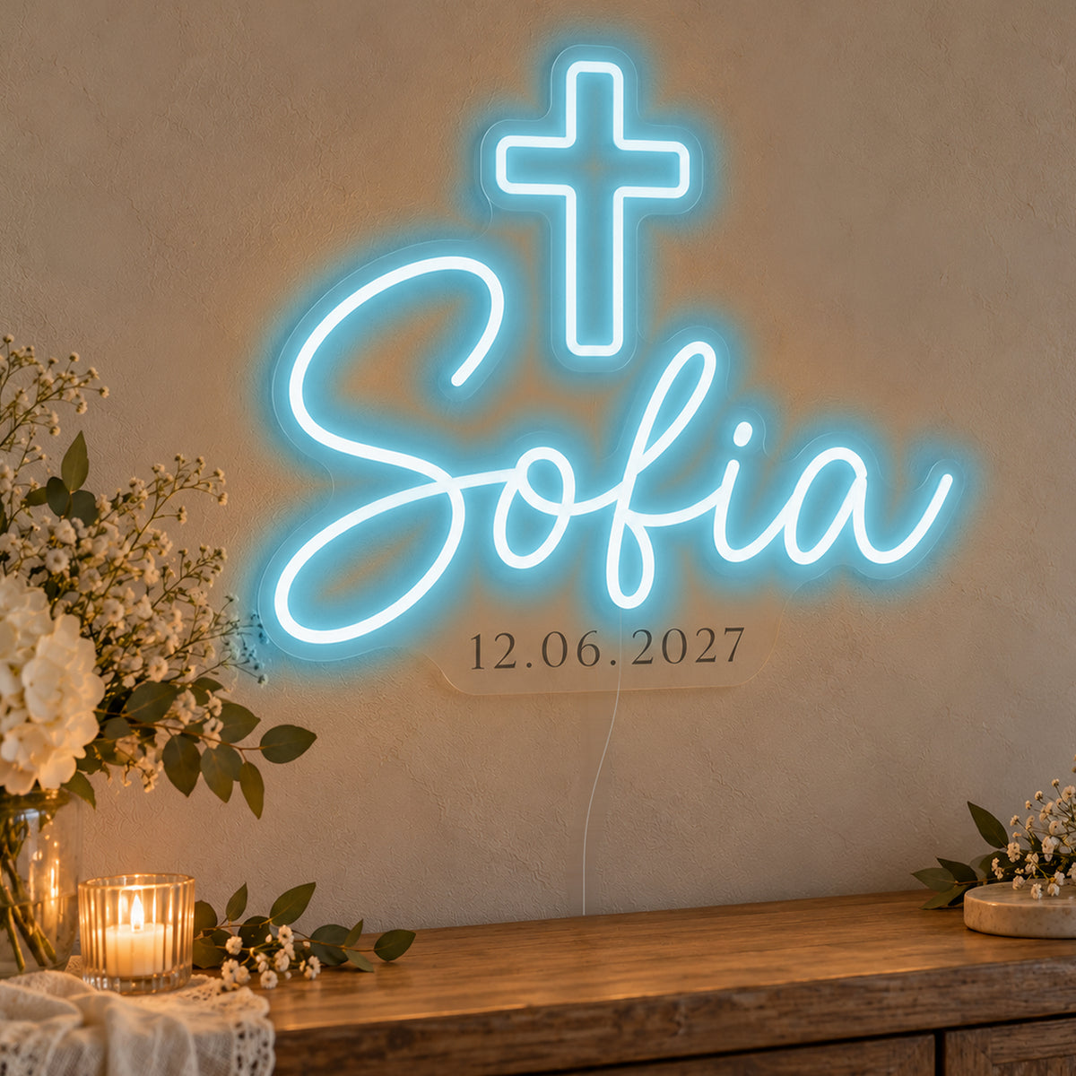 Personalised Cross Name Date Neon Sign in ice blue LED neon on clear acrylic, angled view