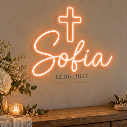 Personalised Cross Name Date Neon Sign in orange LED neon on clear acrylic, angled view