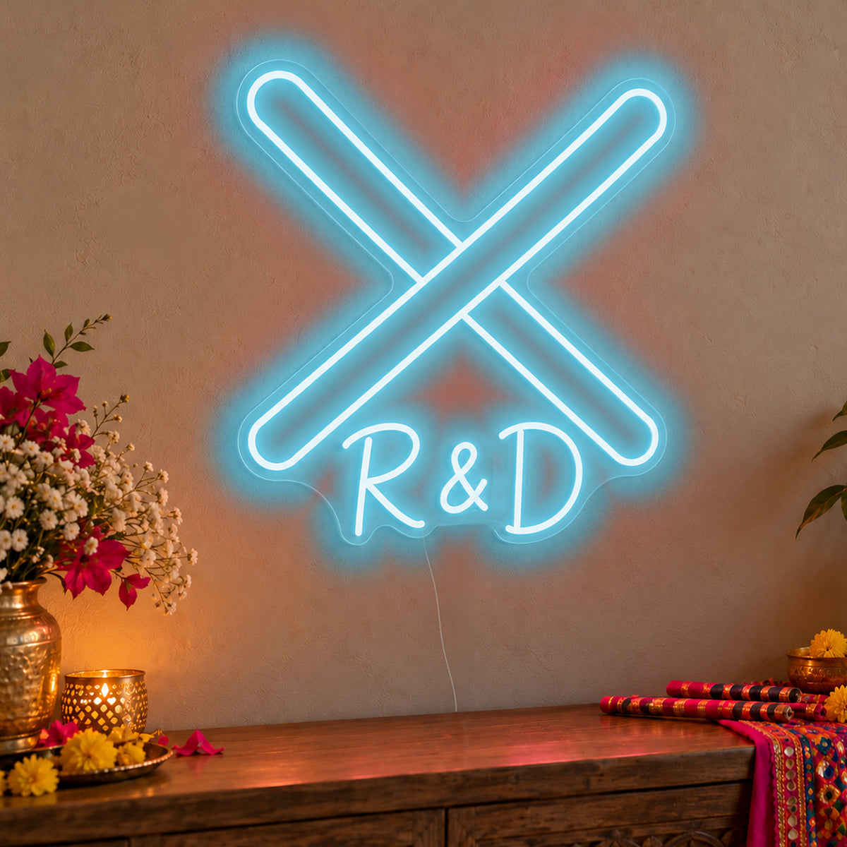 Personalised Dandiya Initials Neon Sign in ice blue LED neon on clear acrylic, angled view