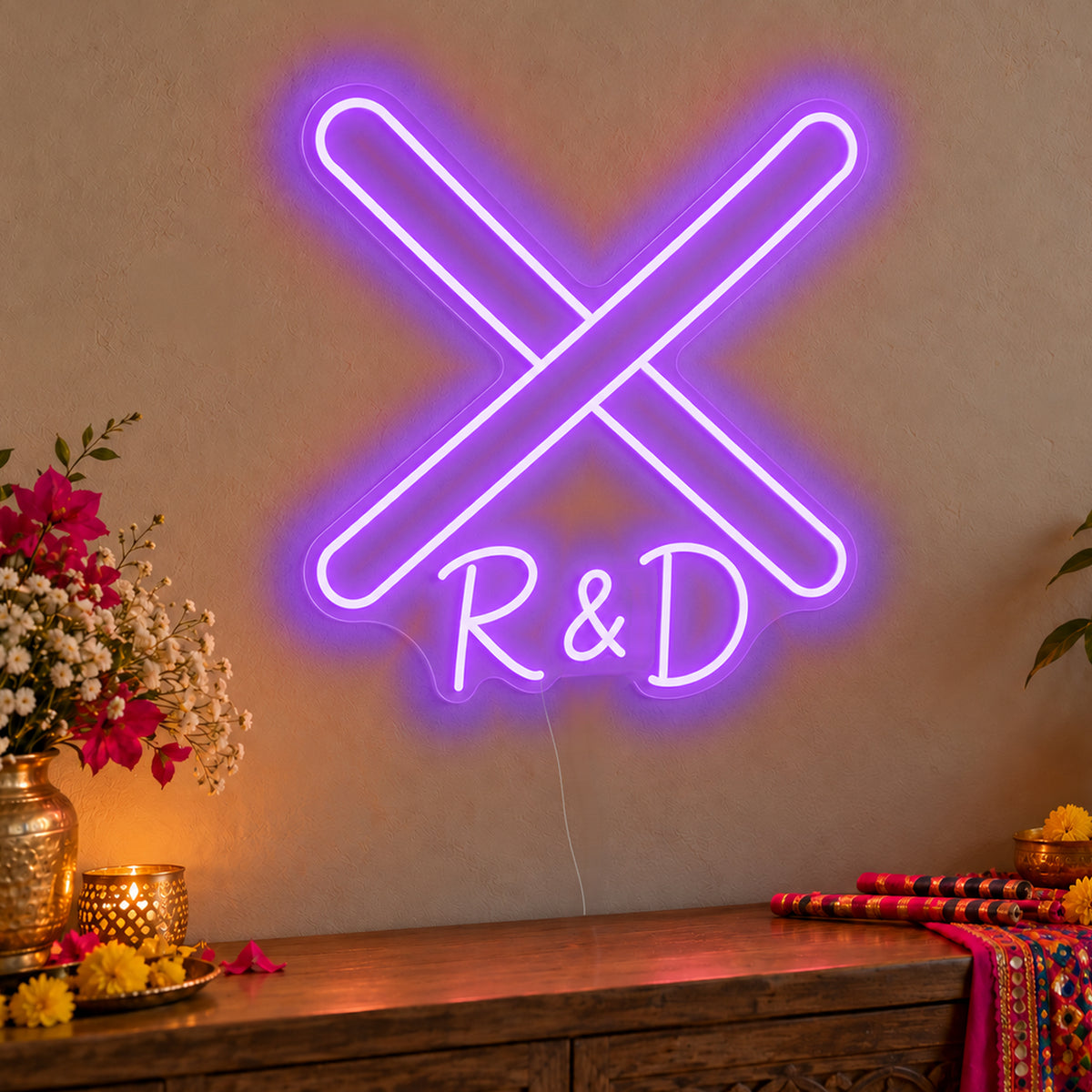 Personalised Dandiya Initials Neon Sign in purple LED neon on clear acrylic, angled view