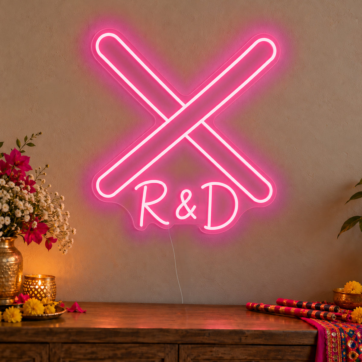 Personalised Dandiya Initials Neon Sign in rose red LED neon on clear acrylic, angled view