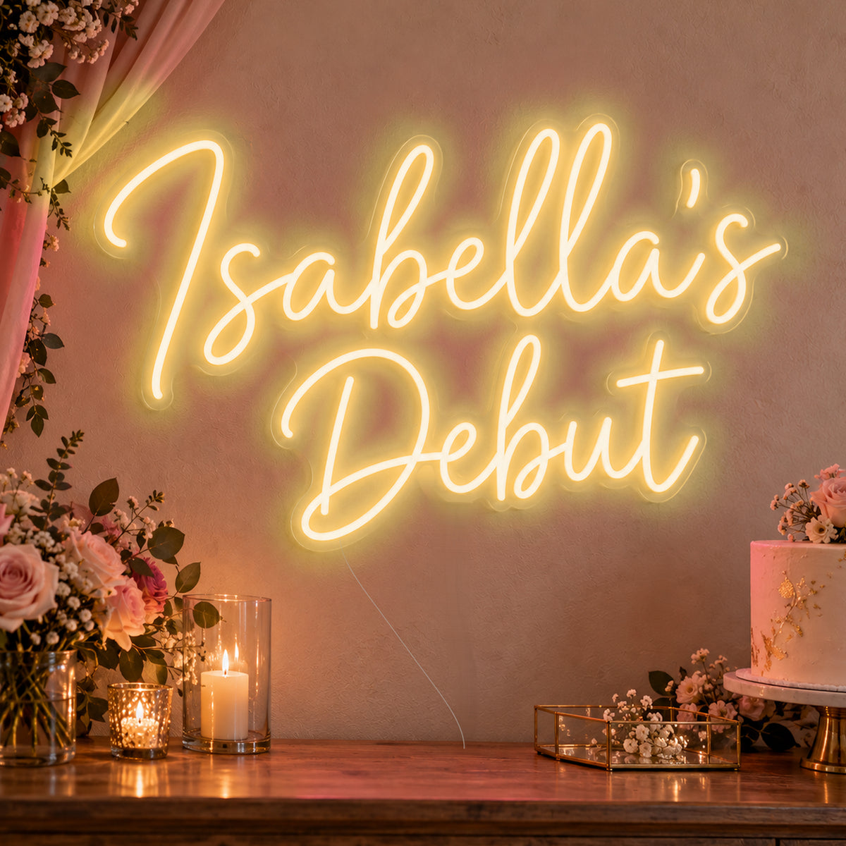 Personalised Debut Neon Sign in gold LED neon on clear acrylic, angled view