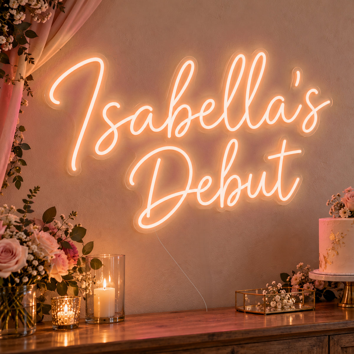 Personalised Debut Neon Sign in orange LED neon on clear acrylic, angled view