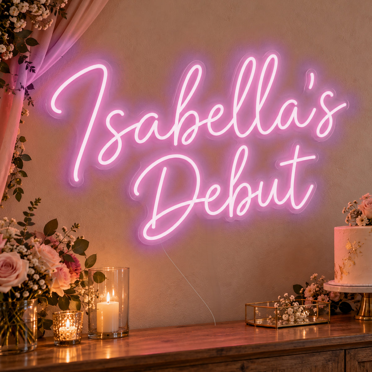 Personalised Debut Neon Sign in pink LED neon on clear acrylic, angled view