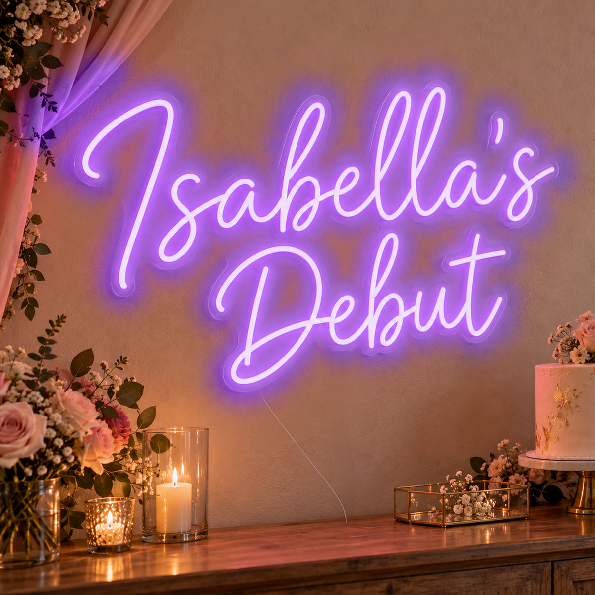 Personalised Debut Neon Sign in purple LED neon on clear acrylic, angled view