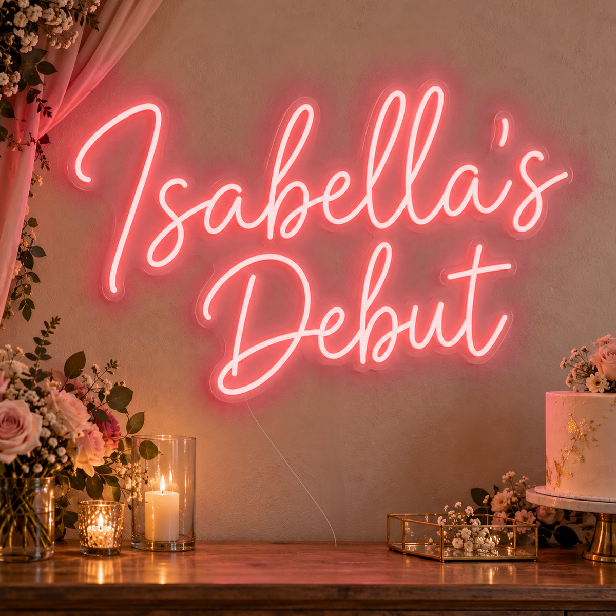 Personalised Debut Neon Sign in red LED neon on clear acrylic, angled view