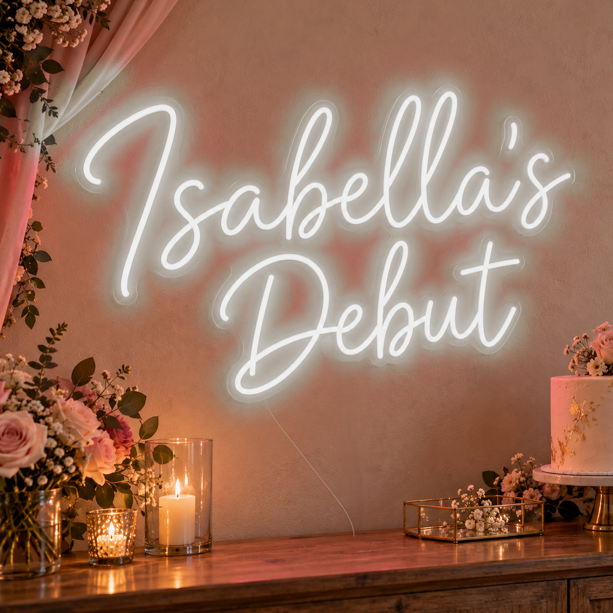 Personalised Debut Neon Sign in white LED neon on clear acrylic, angled view