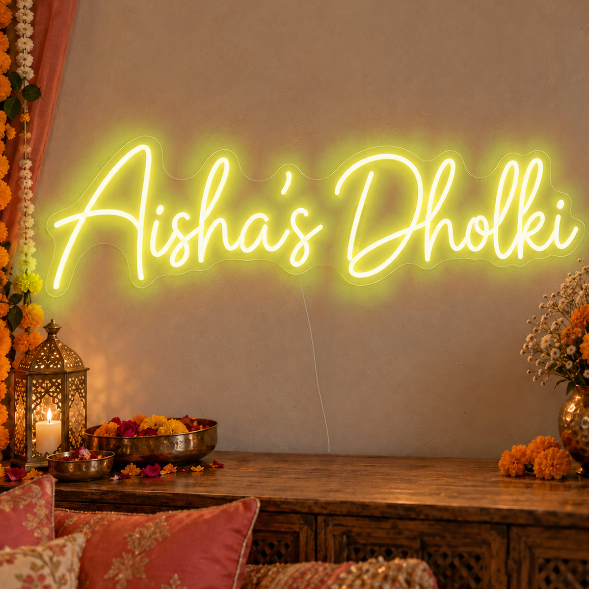 Personalised Dholki Neon Sign in yellow LED neon on clear acrylic, angled view