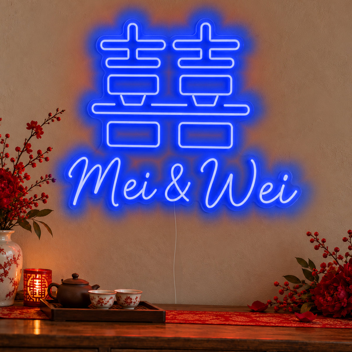 Personalised Double Happiness Names Neon Sign in blue LED neon on clear acrylic, angled view