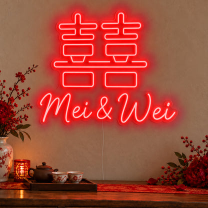 Personalised Double Happiness Names Neon Sign in red LED neon on clear acrylic, angled view