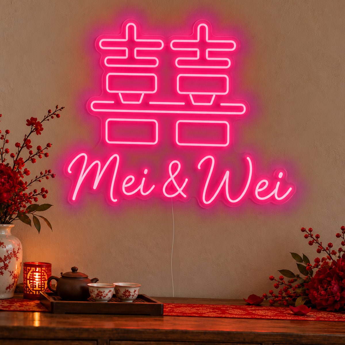 Personalised Double Happiness Names Neon Sign in rose red LED neon on clear acrylic, angled view