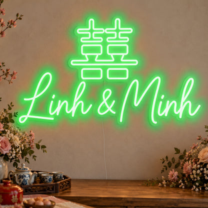 Personalised Double Happiness Vietnamese Names Neon Sign in green LED neon on clear acrylic, angled view