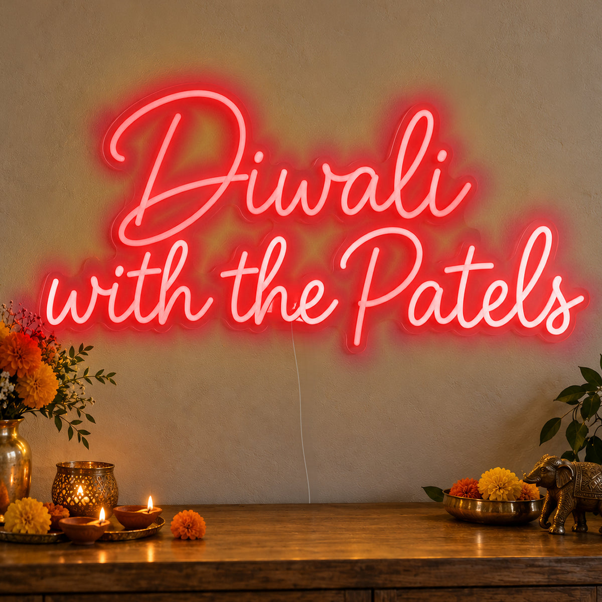 Personalised Family Diwali Neon Sign in red LED neon on clear acrylic, angled view