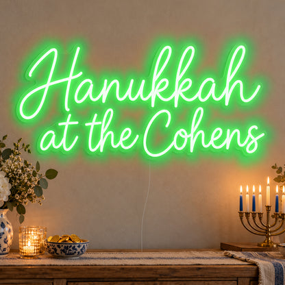 Personalised Family Hanukkah Neon Sign in green LED neon on clear acrylic, angled view