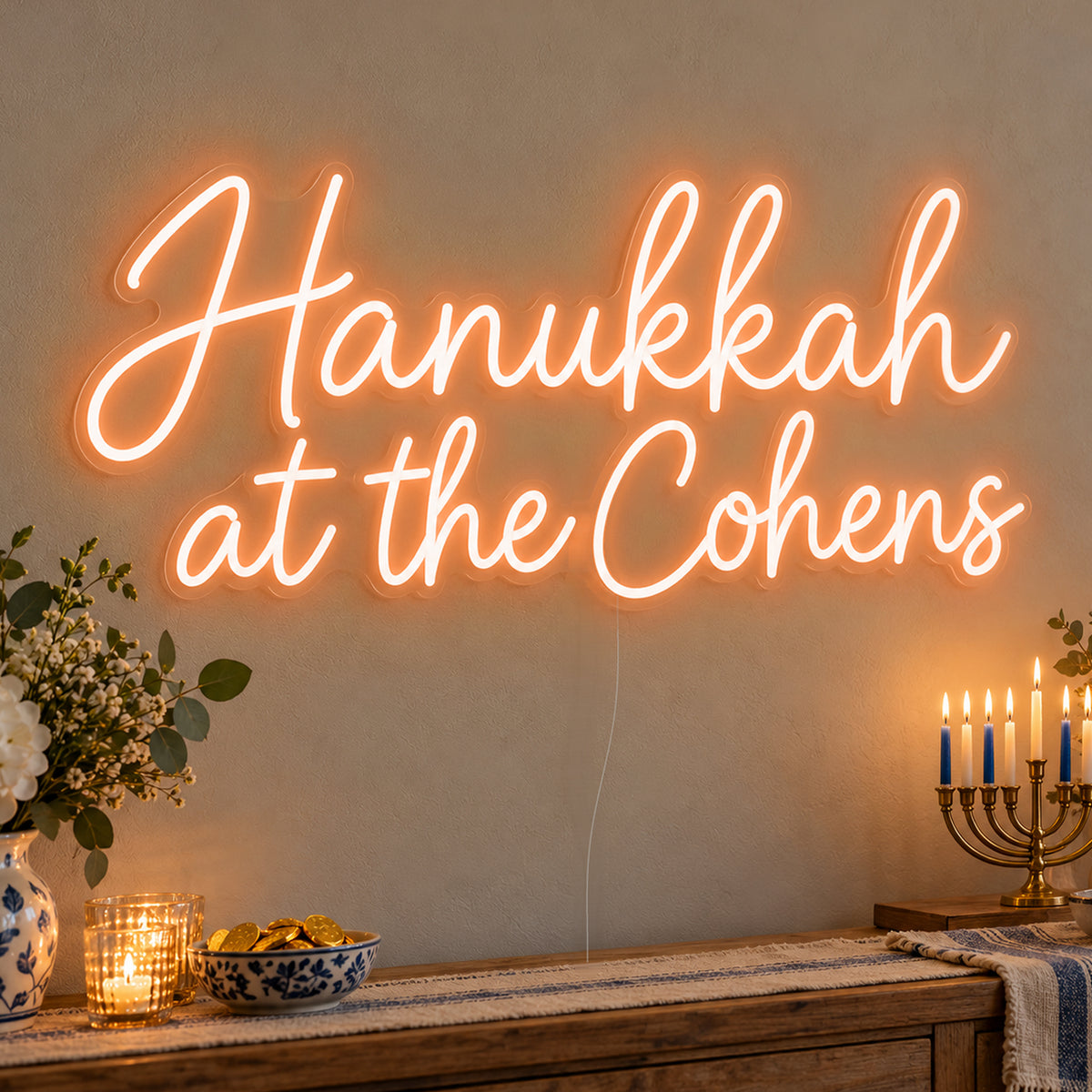 Personalised Family Hanukkah Neon Sign in orange LED neon on clear acrylic, angled view