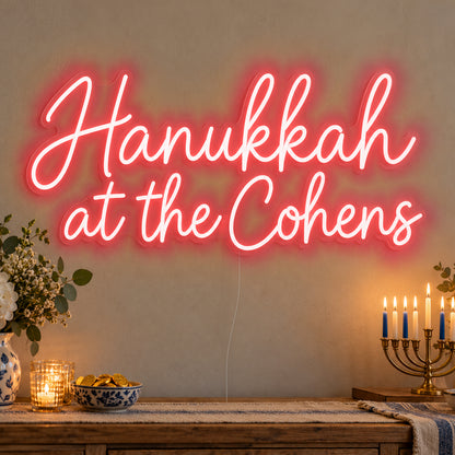 Personalised Family Hanukkah Neon Sign in red LED neon on clear acrylic, angled view