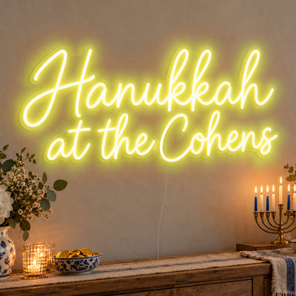 Personalised Family Hanukkah Neon Sign in yellow LED neon on clear acrylic, angled view