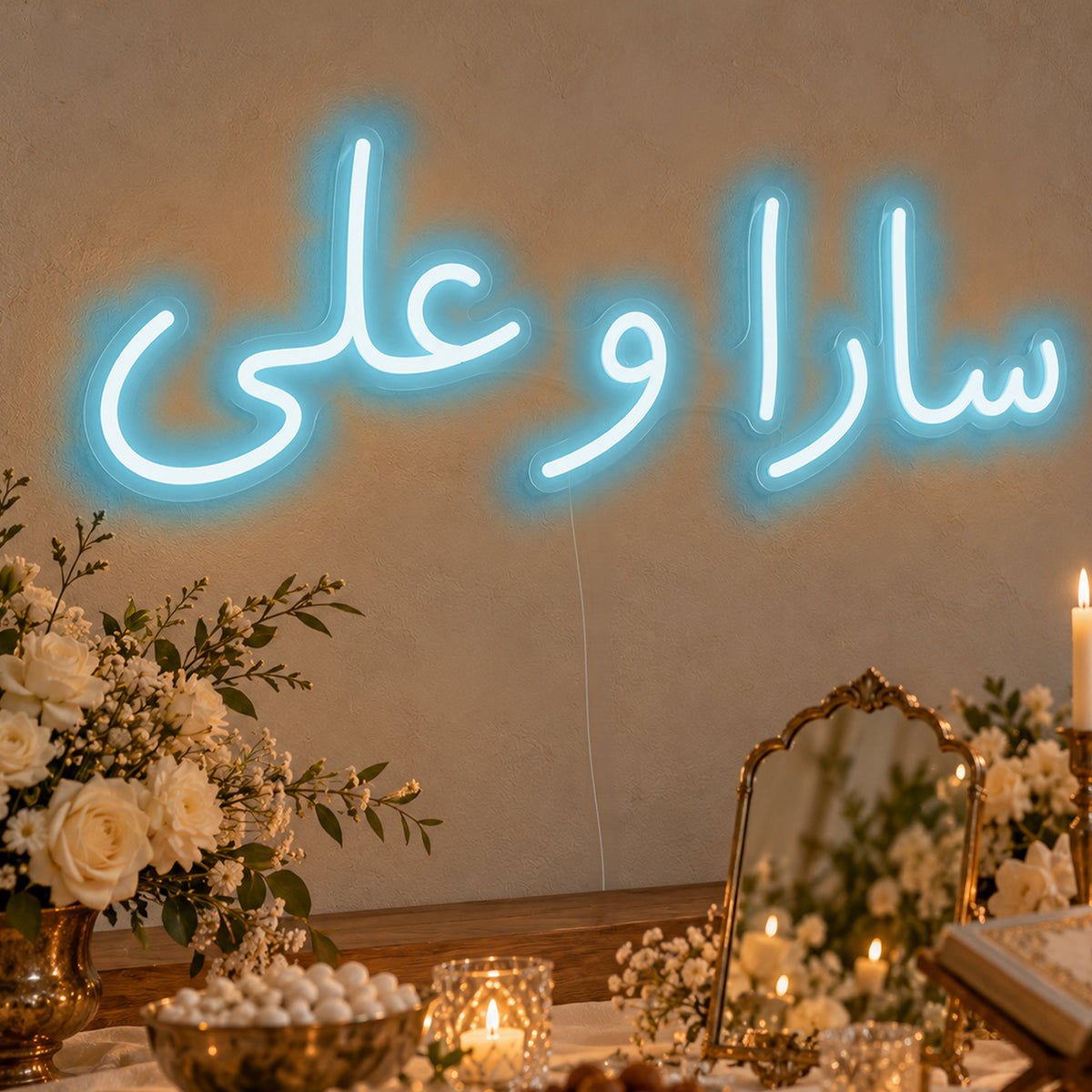 Personalised Farsi Couple Names Neon Sign in ice blue LED neon on clear acrylic, angled view