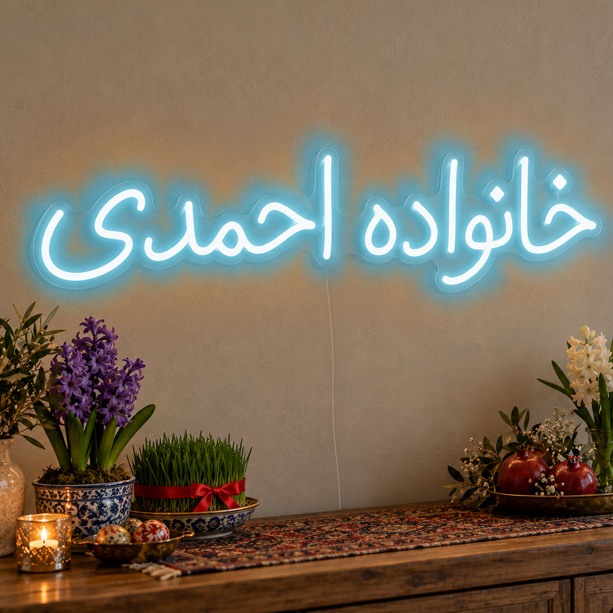 Personalised Farsi Family Name Neon Sign in ice blue LED neon on clear acrylic, angled view