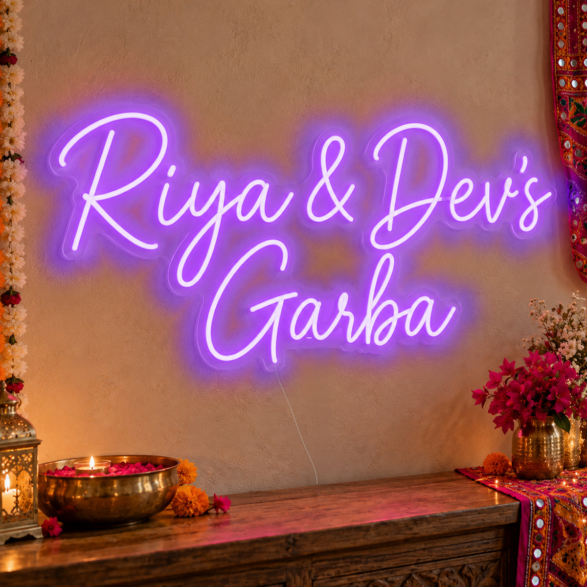 Personalised Garba Neon Sign in purple LED neon on clear acrylic, angled view