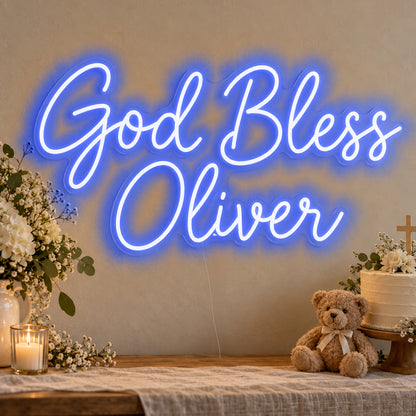 Personalised God Bless Neon Sign in blue LED neon on clear acrylic, angled view