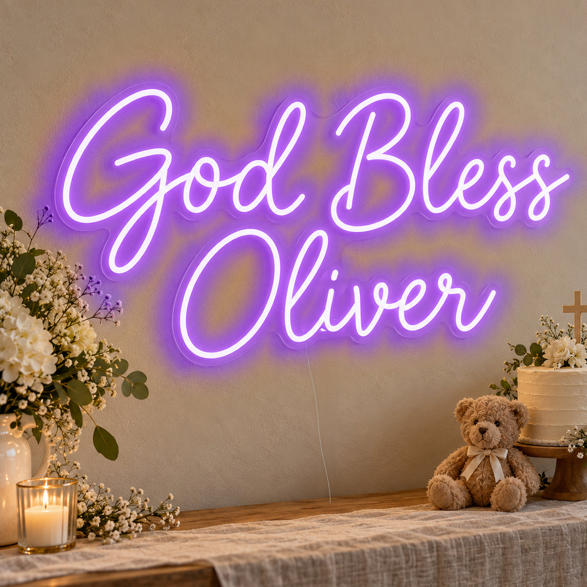 Personalised God Bless Neon Sign in purple LED neon on clear acrylic, angled view