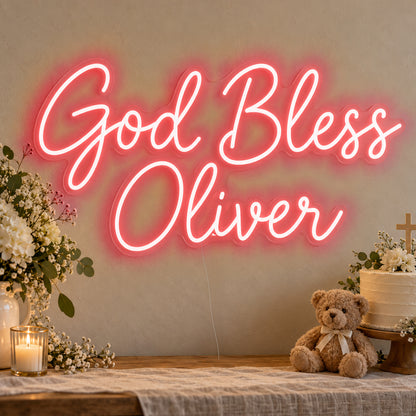 Personalised God Bless Neon Sign in red LED neon on clear acrylic, angled view