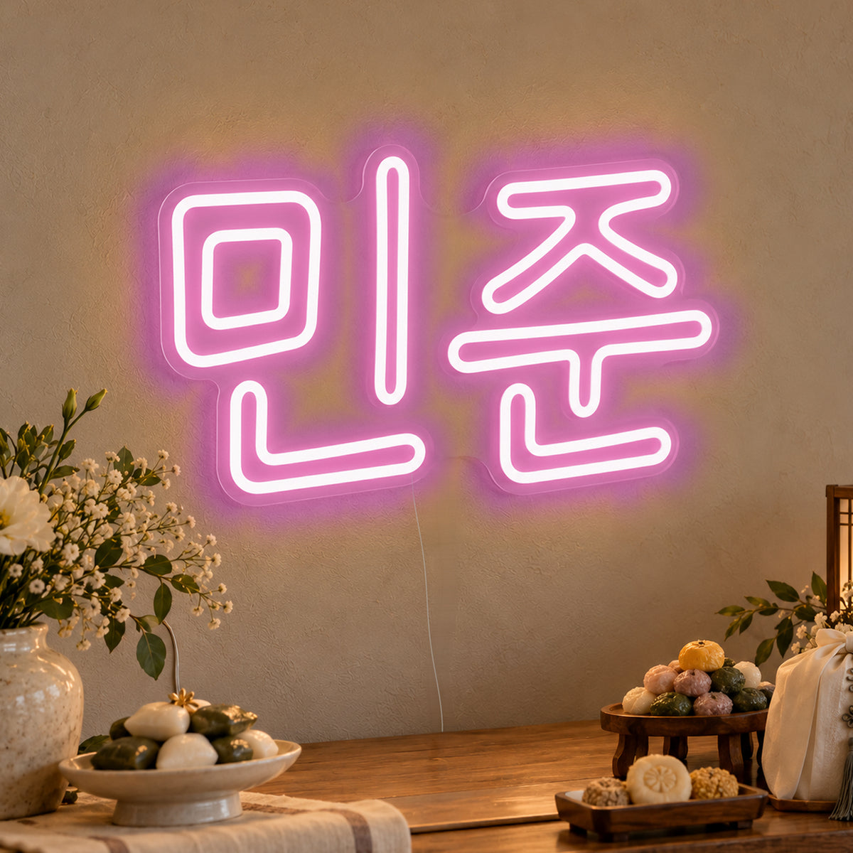 Personalised Hangul Name Neon Sign in pink LED neon on clear acrylic, angled view