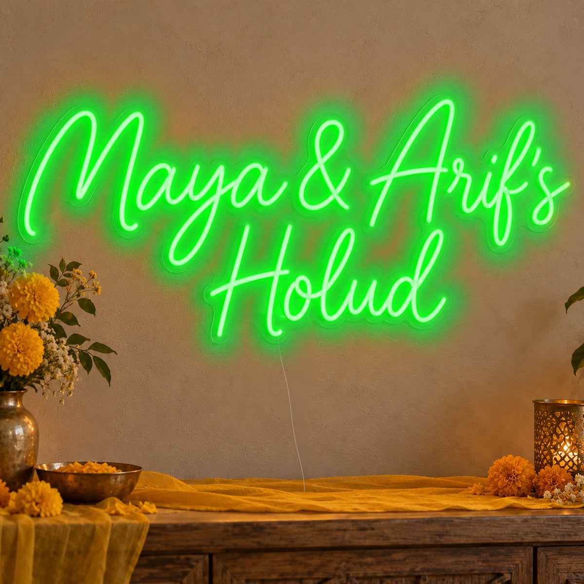 Personalised Holud Neon Sign in green LED neon on clear acrylic, angled view