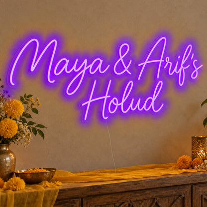 Personalised Holud Neon Sign in purple LED neon on clear acrylic, angled view