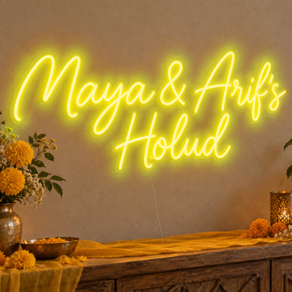Personalised Holud Neon Sign in yellow LED neon on clear acrylic, angled view