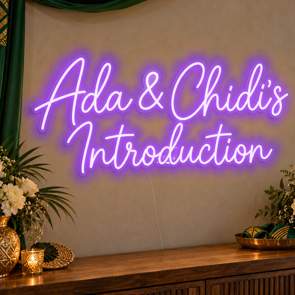Personalised Introduction Neon Sign in purple LED neon on clear acrylic, angled view