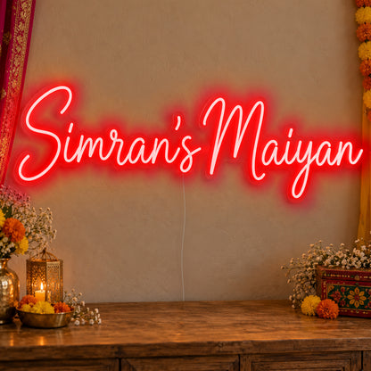 Personalised Maiyan Neon Sign in red LED neon on clear acrylic, angled view