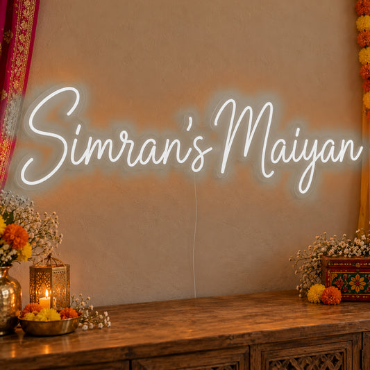 Personalised Maiyan Neon Sign in white LED neon on clear acrylic, angled view