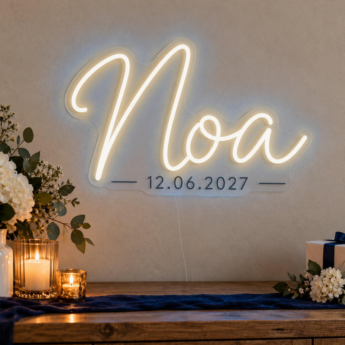Personalised Mitzvah Name Date Neon Sign in warm white LED neon on clear acrylic, angled view