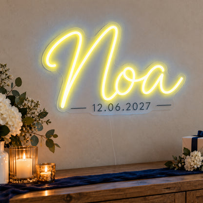 Personalised Mitzvah Name Date Neon Sign in yellow LED neon on clear acrylic, angled view