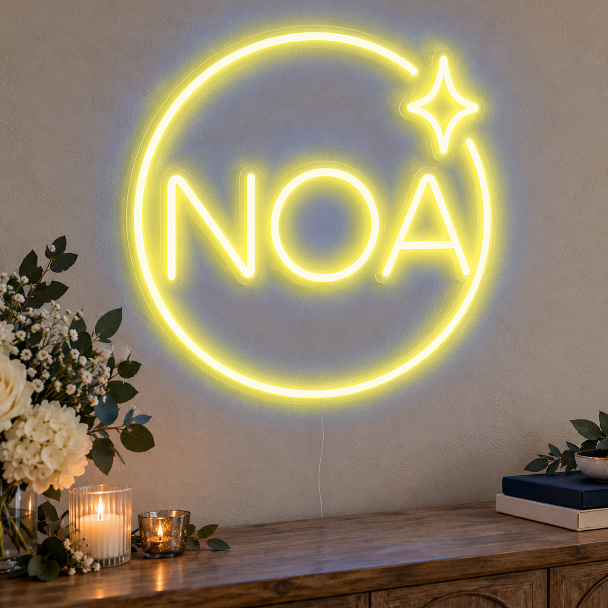 Personalised Mitzvah Party Logo Neon Sign in yellow LED neon on clear acrylic, angled view