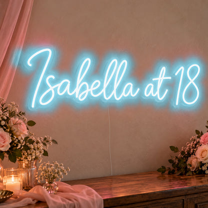 Personalised Name At 18 Neon Sign in ice blue LED neon on clear acrylic, angled view