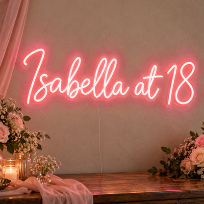 Personalised Name At 18 Neon Sign in red LED neon on clear acrylic, angled view