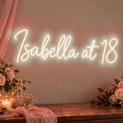Personalised Name At 18 Neon Sign in warm white LED neon on clear acrylic, angled view