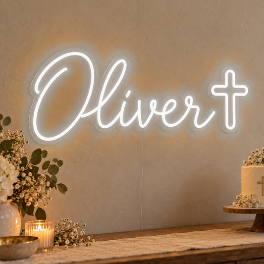 Personalised Name Cross Neon Sign in white LED neon on clear acrylic, angled view