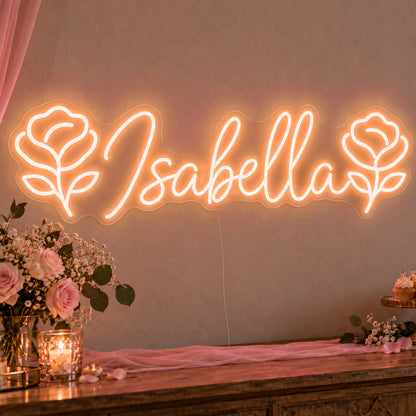 Personalised Name Roses Neon Sign in orange LED neon on clear acrylic, angled view